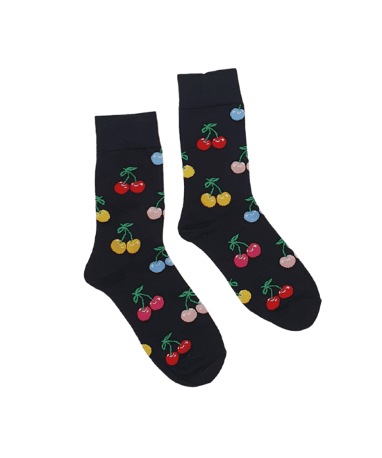 גרביים מעוצבים - דובדבנים צבעוניים רקע שחור