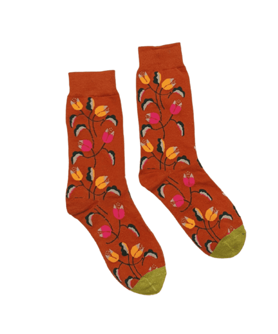 גרביים מעוצבים - פרחים רקע חום